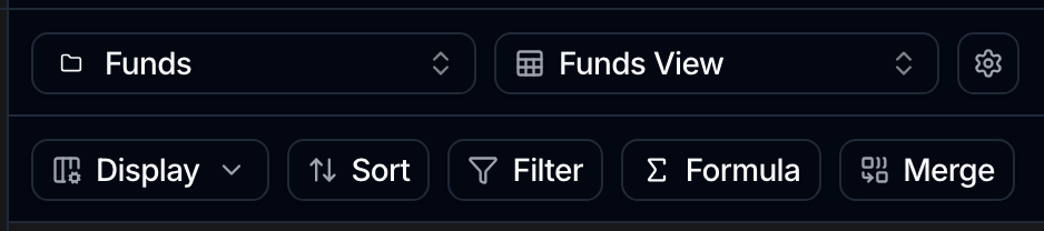 The data view toolbar: the object and view selectors on the top row, and Display, Sort, Filter, Formula and Merge on the second.