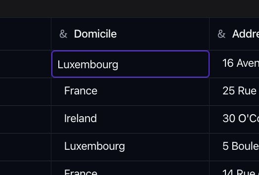 A cell in the Domicile column in edit mode, outlined and ready for a new value, with other rows below.