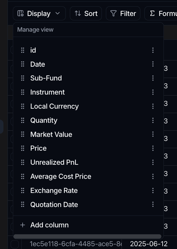 The Display panel showing the Manage view list of columns, each with a drag handle, above an Add column button.