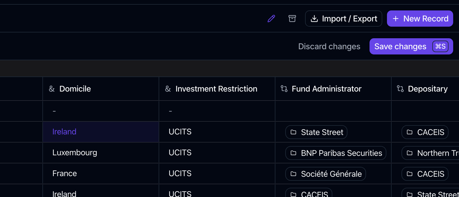 The grid toolbar with the pencil tinted purple, a second row reading Discard changes and Save changes with a Command-S badge, and a Domicile cell tinted purple to mark the pending edit.