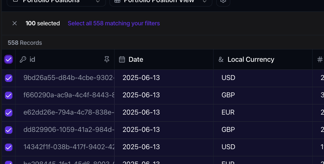 The selection bar reading 100 selected with a Select all 558 matching your filters link, above rows with ticked checkboxes.