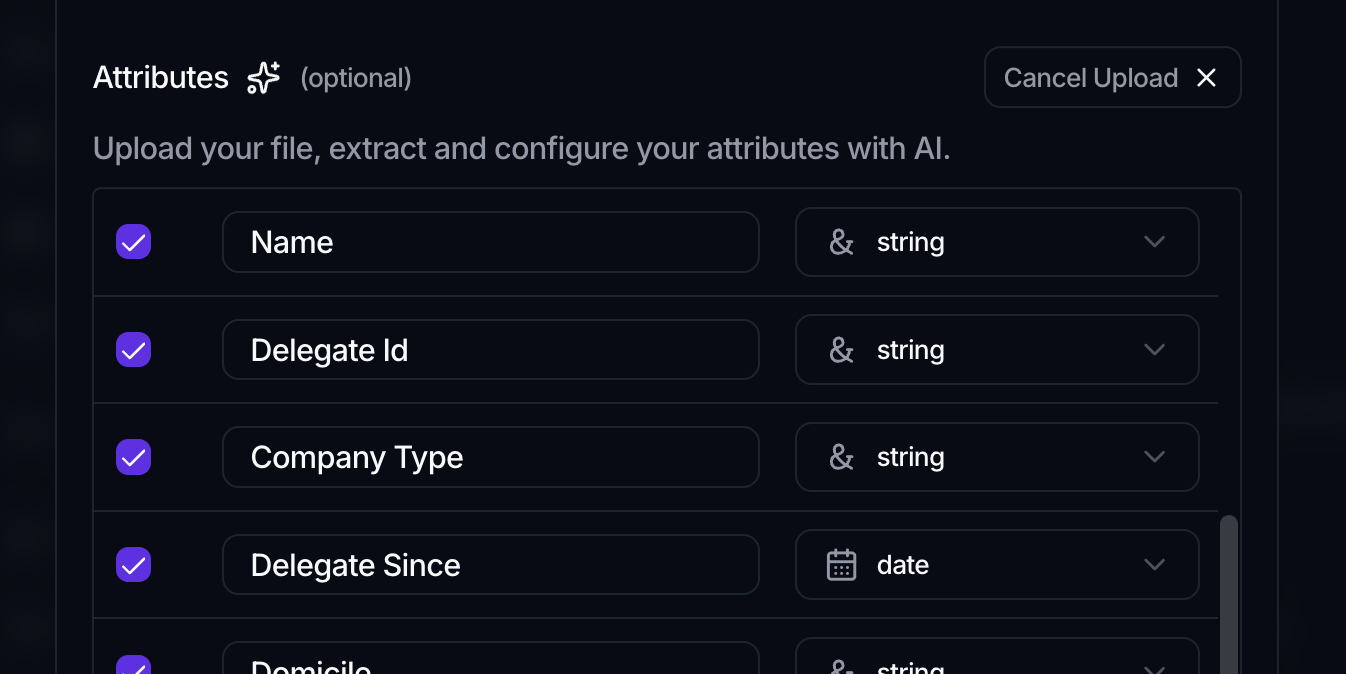 The AI-proposed attributes list, each row with a checkbox, a name, and a type dropdown such as string or date.