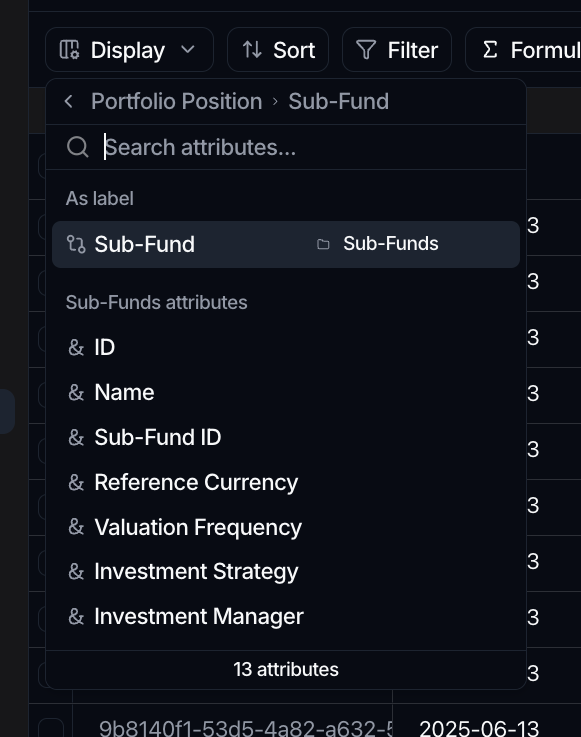 The column picker drilled into a related Sub-Fund object, with an As label option and the related object's attributes listed.