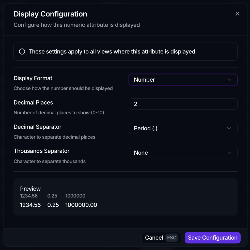 The Display Configuration dialog for a number attribute, with Display Format, Decimal Places, Decimal Separator and Thousands Separator, and a live Preview.