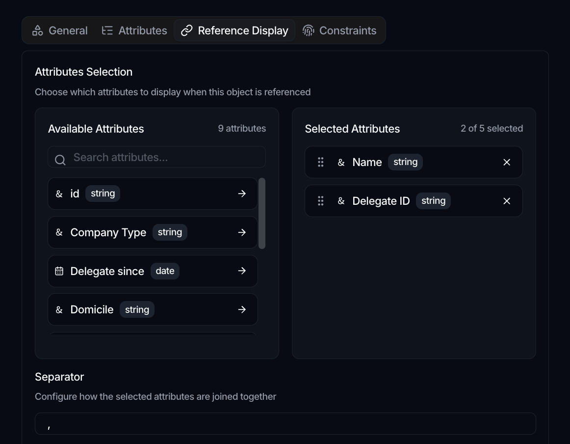 The data object editor with the four tabs, showing the Reference Display tab: available and selected attributes, a separator, and a live preview of the reference label.