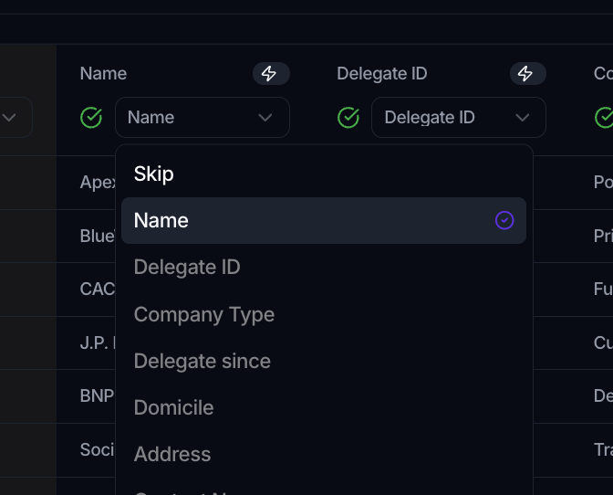Step 1 Map, with each CSV column above a dropdown to pick the target attribute, one dropdown open showing Skip and the attribute list.
