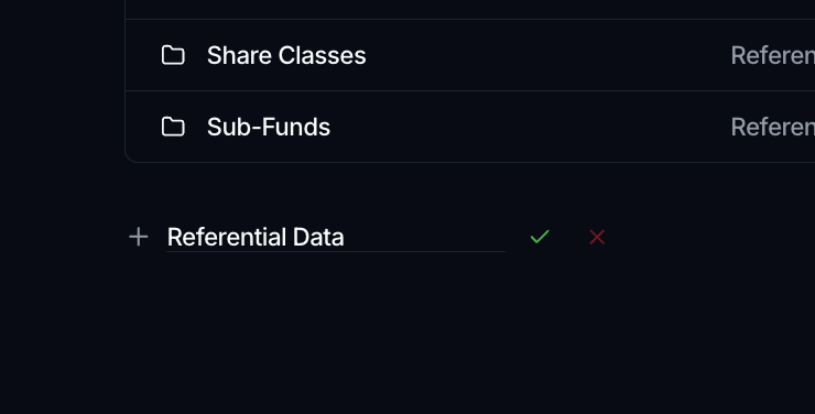 Creating a new group inline at the bottom of the object list, with confirm and cancel buttons.