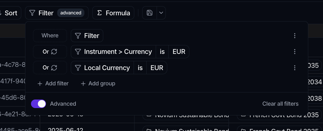 The advanced filter builder with a Where row and two Or rows, one of them filtering on Instrument > Currency, plus Add filter and Add group.