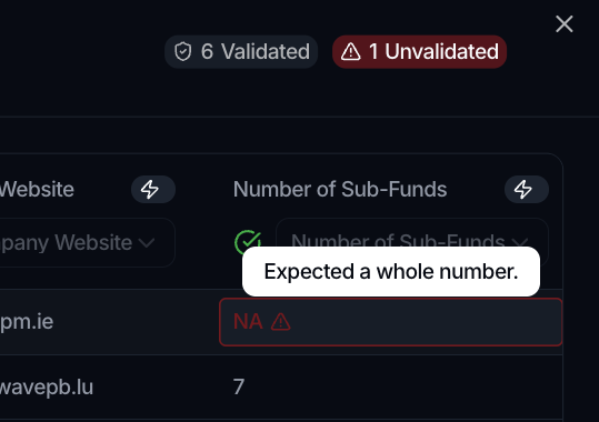 Step 2 Validate, with 6 Validated and 1 Unvalidated badges and a red cell reading NA with the tooltip Expected a whole number.