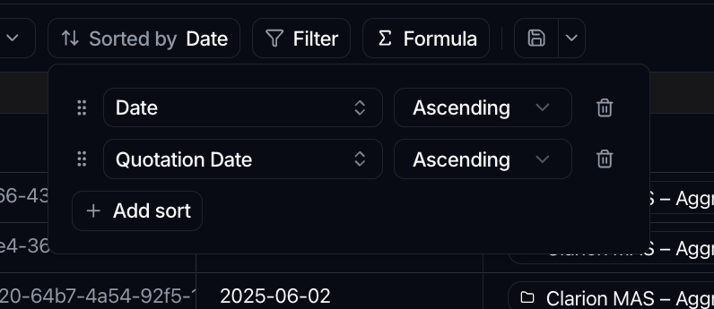 The Sort panel with two sort levels, Date and Quotation Date, both ascending, each with a drag handle, above an Add sort button.