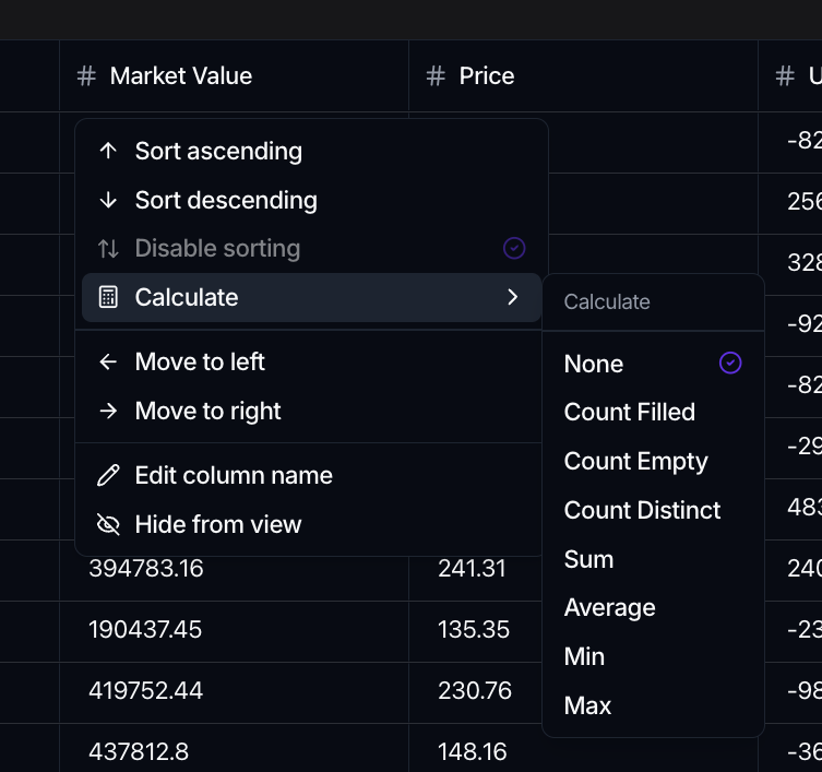 A column header menu with a Calculate submenu open, listing None, Count Filled, Count Empty, Count Distinct, Sum, Average, Min and Max.