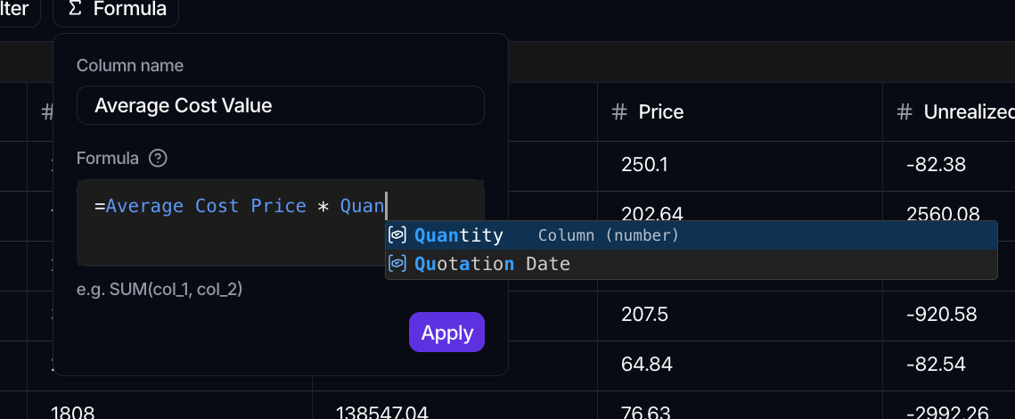 The Formula popover with a Column name of Average Cost Value and the expression Average Cost Price times Quantity, with a column autocomplete and an Apply button.