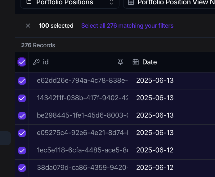 The selection bar reading 100 selected with a Select all 276 matching your filters link, above rows with their checkboxes ticked.