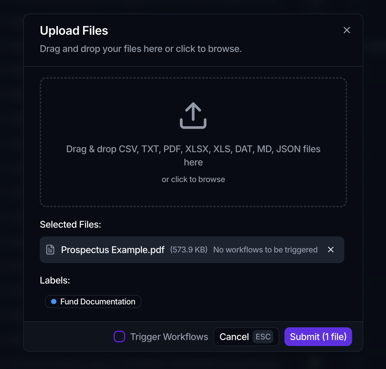 The Upload Files dialog with a drop zone, a Selected Files list, a Labels row, a Trigger Workflows checkbox, and a Submit (1 file) button.