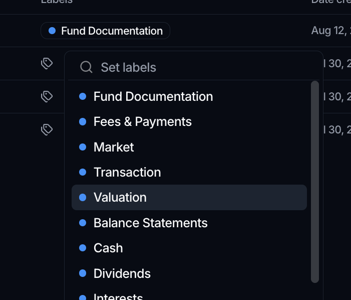 The Labels selector open on the Files table, with a Set labels search and a list of colored labels such as Fund Documentation, Market and Valuation.