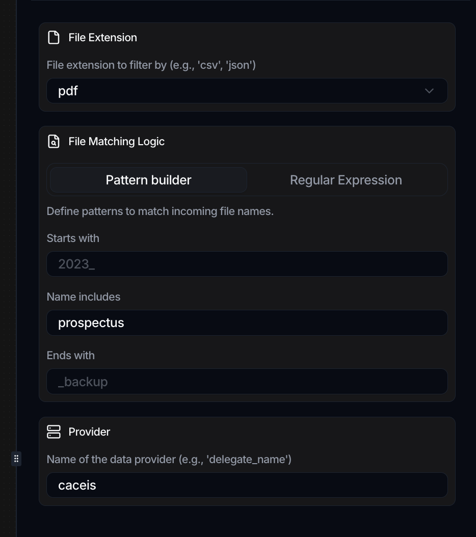 The File Received trigger configuration with a File Extension field, a File Matching Logic section offering Pattern builder and Regular Expression with Starts with, Name includes and Ends with fields, and a Provider field.