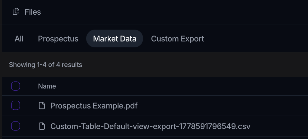 The Files table with view tabs All, Prospectus, Market Data and Custom Export across the top, Market Data selected.