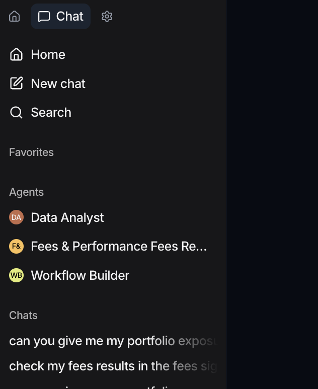 The Chat tab sidebar listing agents and recent chats.