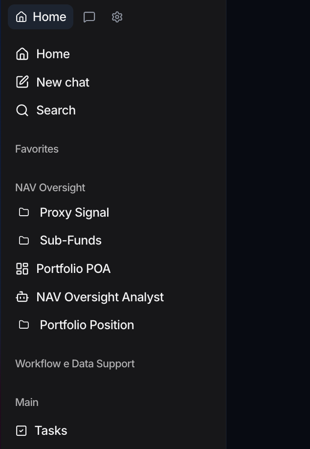 The Home tab sidebar: the three tabs, quick actions, Favorites, a Space, and the Main group.