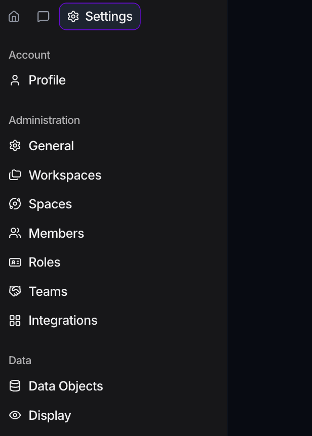 The Settings tab sidebar with Account, Administration, and Data groups.