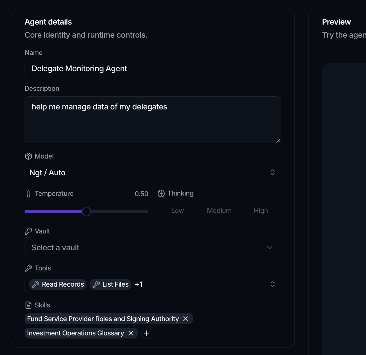 The agent editor showing name, description, model, tools, skills, and instructions, with a live preview.