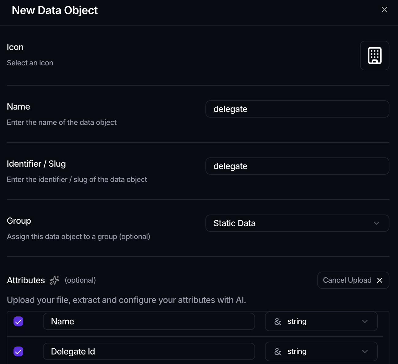 The New Data Object dialog with attributes extracted from a CSV by AI, each with a type.