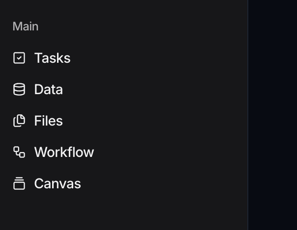 The Main group in the sidebar with Tasks, Data, Files, Workflow, and Canvas.