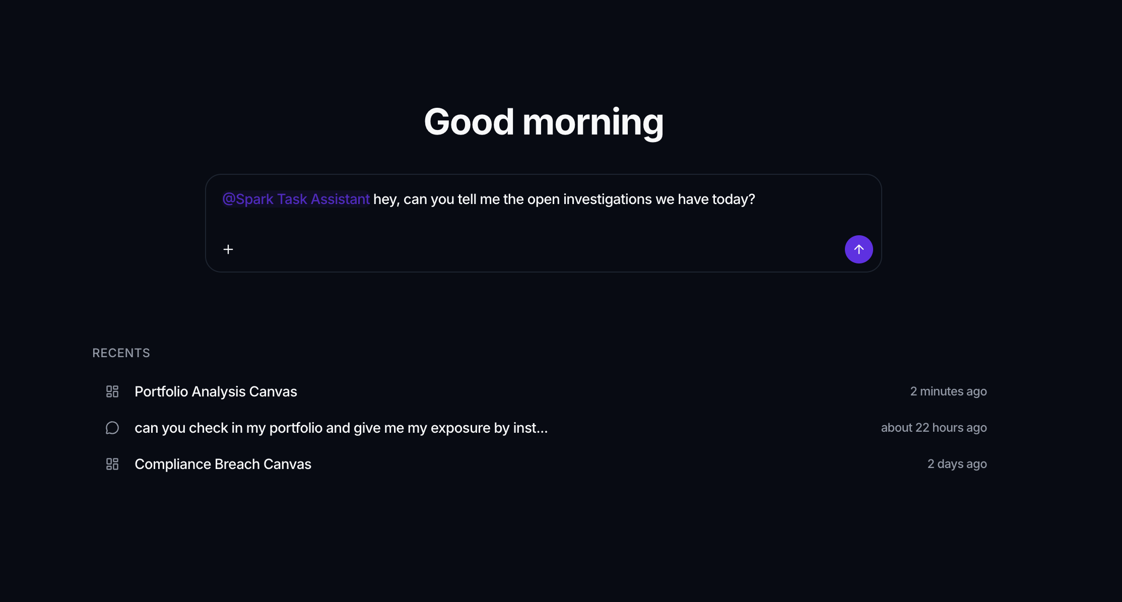 The Spark home screen with a prompt to an agent and a list of recent chats.