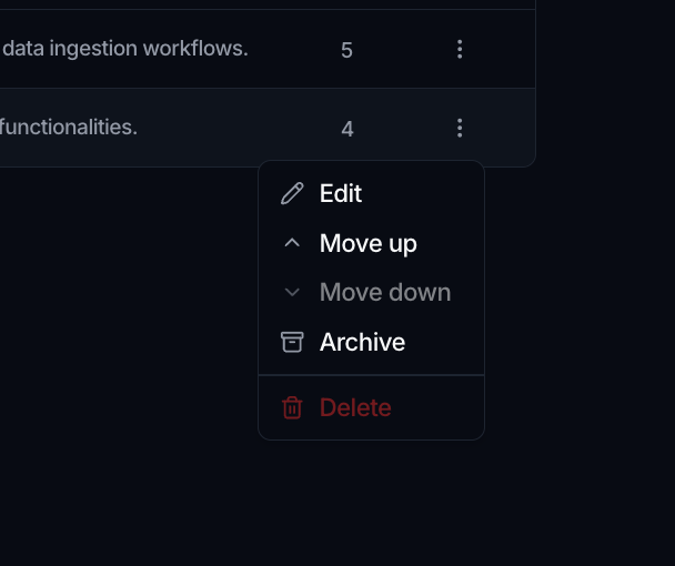 A Space's kebab menu open in the Spaces list, showing Edit, Move up, Move down, Archive and Delete.