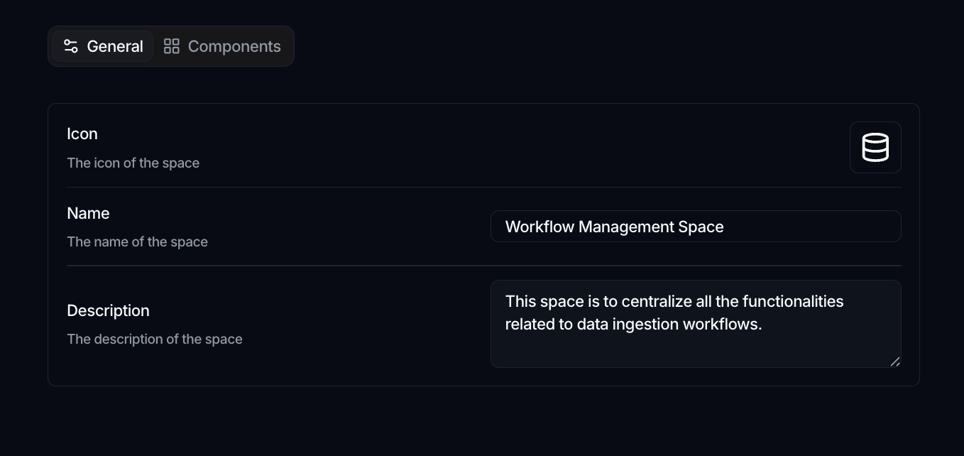 The General tab of the Space editor showing the Icon, Name and Description fields.