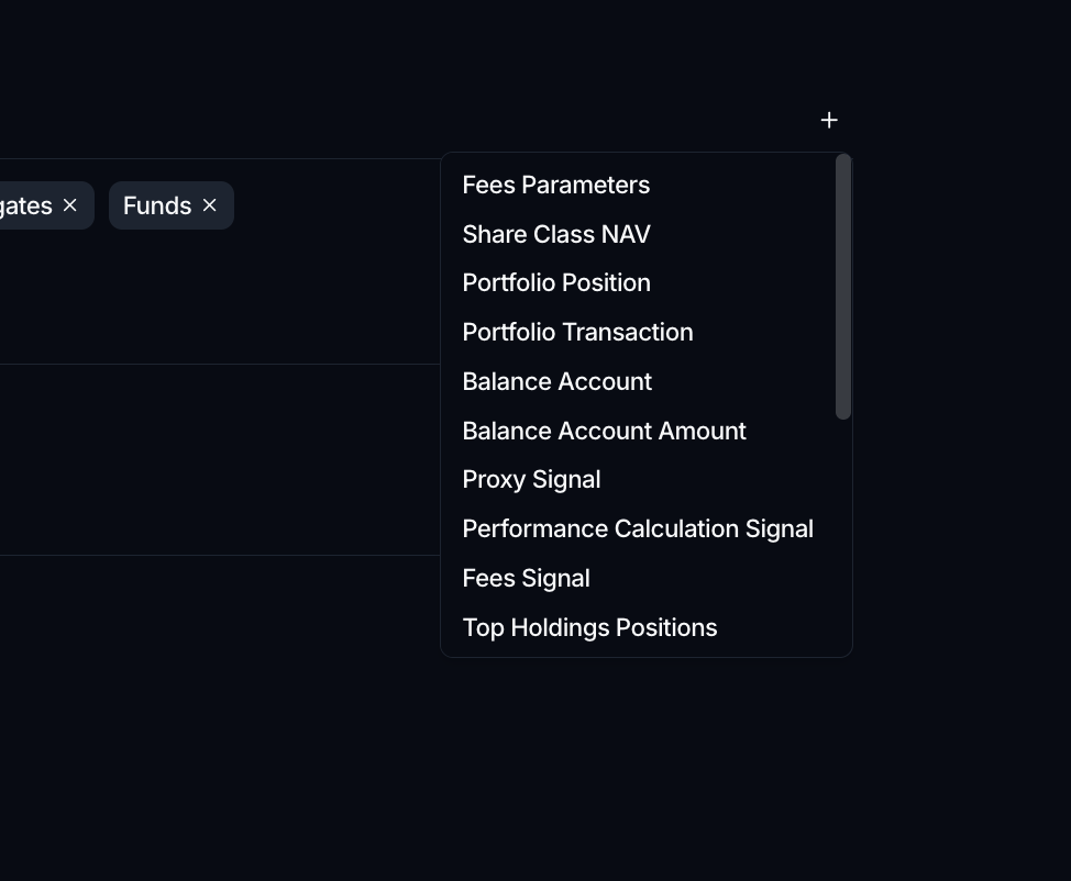 The + button in a Components section opening a list of data objects to add, with existing items shown as chips.