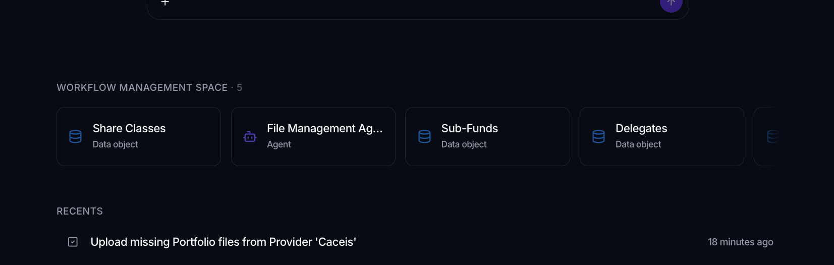 A Space shown as a block on the home overview, with cards for its data objects and agents.