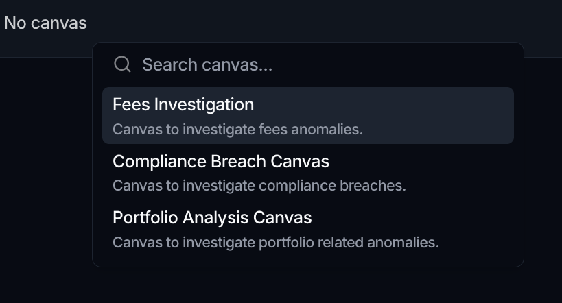 The canvas selector on a task with a Search canvas... box and a list of canvases, each with a name and description, one selected.