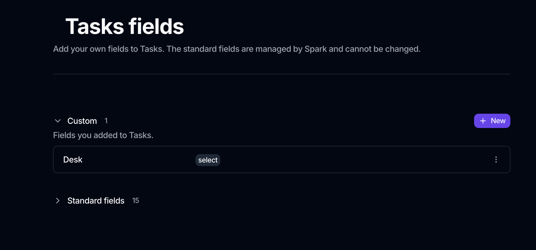 The Tasks fields page: a Custom section holding one field called Desk of type select, with a New button, above a collapsed Standard fields section counting 15.