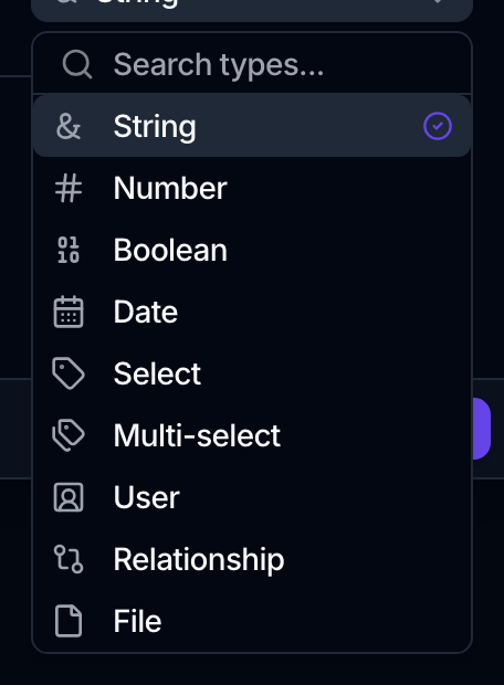 The New Attribute dialog with its Type list open, listing String, Number, Boolean, Date, Select, Multi-select, User, Relationship and File.
