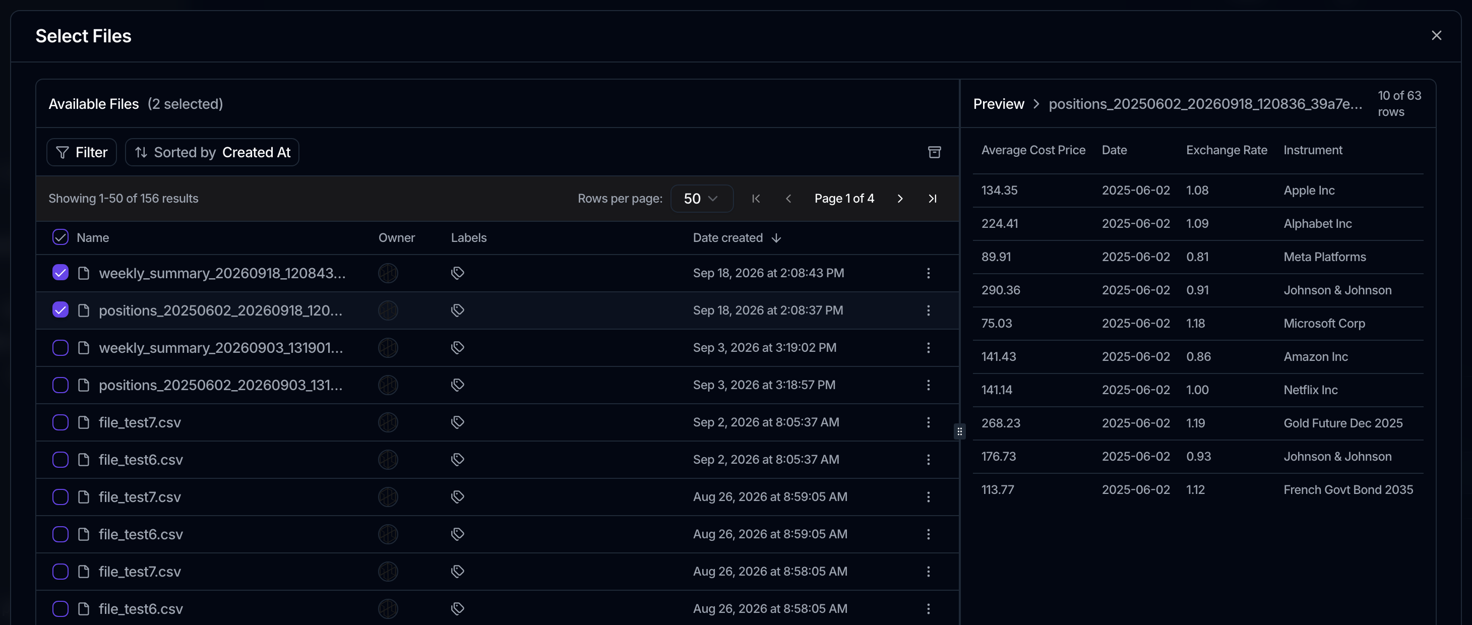 A Select Files dialog with a searchable, sortable list of workspace files, two ticked and counted as 2 selected, and a preview pane on the right showing the contents of the highlighted CSV.