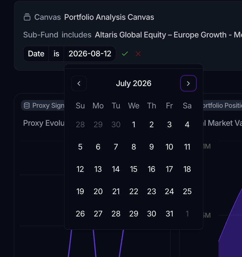 A task's Canvas panel showing the linked canvas name and its context variable rows: Sub-Fund includes a value, and Date is 2025-06-13.