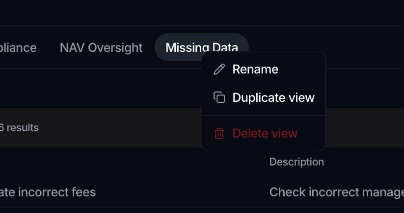 A row of view tabs (All, Compliance, NAV Oversight, Missing Data) with a right-click menu showing Rename, Duplicate view and Delete view.