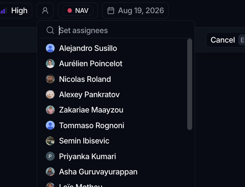 The Assignees selector open with a Set assignees search and a list of workspace members.
