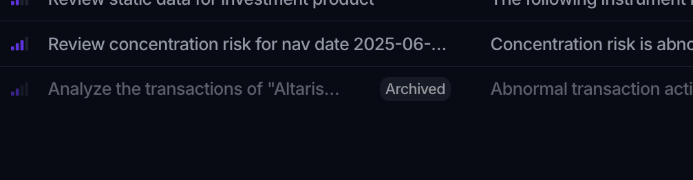 A task list with one dimmed row carrying an Archived badge among the active rows.