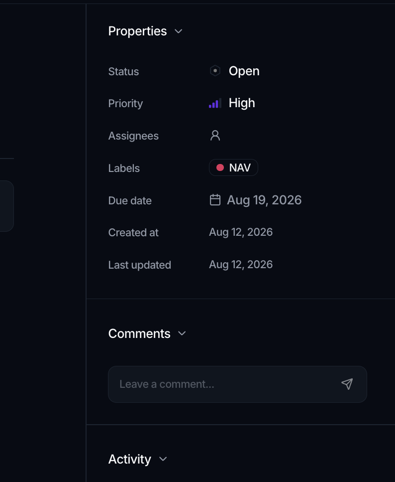 The task side panel with a Properties section (Status, Priority, Assignees, Labels, Due date, Created at, Last updated), then a Comments section and an Activity section.