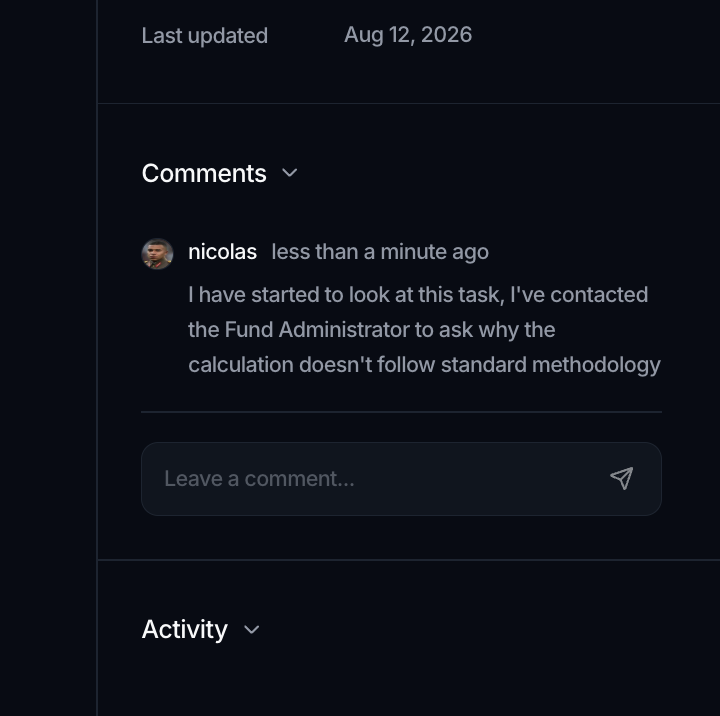 The Comments section with a posted comment showing the author and relative time, above a Leave a comment... box with a send button.