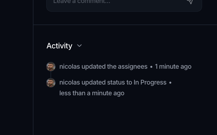 The Activity feed with entries reading updated the assignees and updated status to In Progress, each with a relative time.