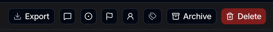 The right of the selection bar: an Export button, then icon buttons for comment, status, priority, assignees and labels, then Archive and a red Delete.