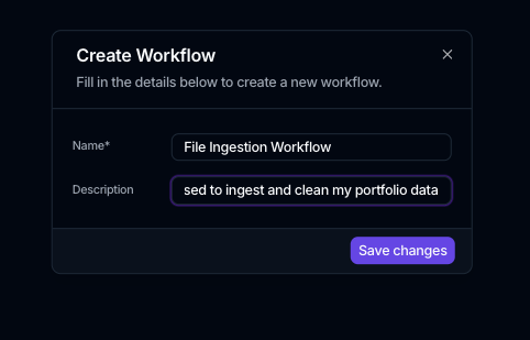The Create Workflow dialog with a Name and a Description field and a Save changes button.