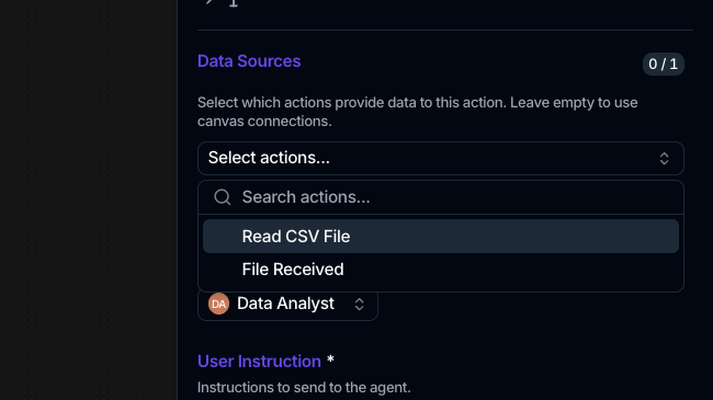 The Data Sources section open, with its 0 / 1 badge and a picker listing earlier actions Read CSV File and File Received.