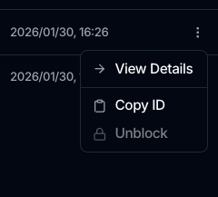 An execution row's menu with View Details and Copy ID, and a disabled Unblock item.