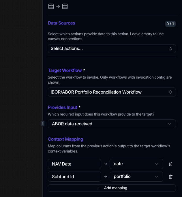 The Invoke Workflow action panel with a Target Workflow, a Provides Input dropdown, and a Context Mapping section pairing source columns with target variables.