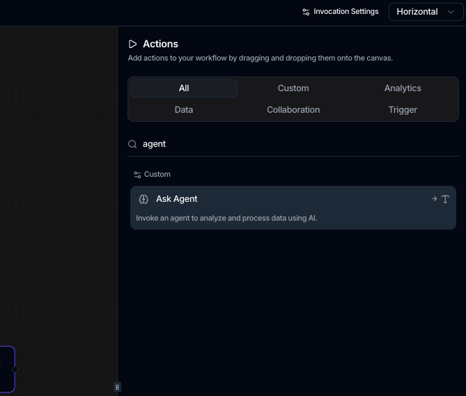 The Actions node picker with tabs (All, Custom, Analytics, Data, Collaboration, Trigger), a search box, and an Ask Agent result.