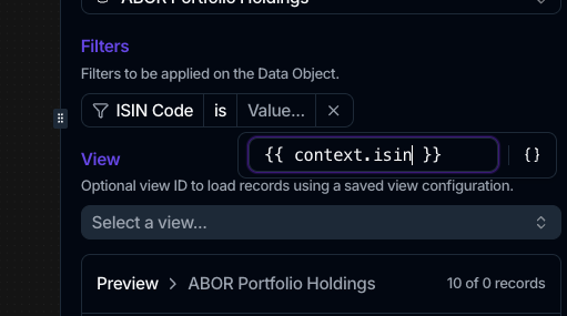 An action's Filters with a value field in context mode holding the token {{ context.isin }}.